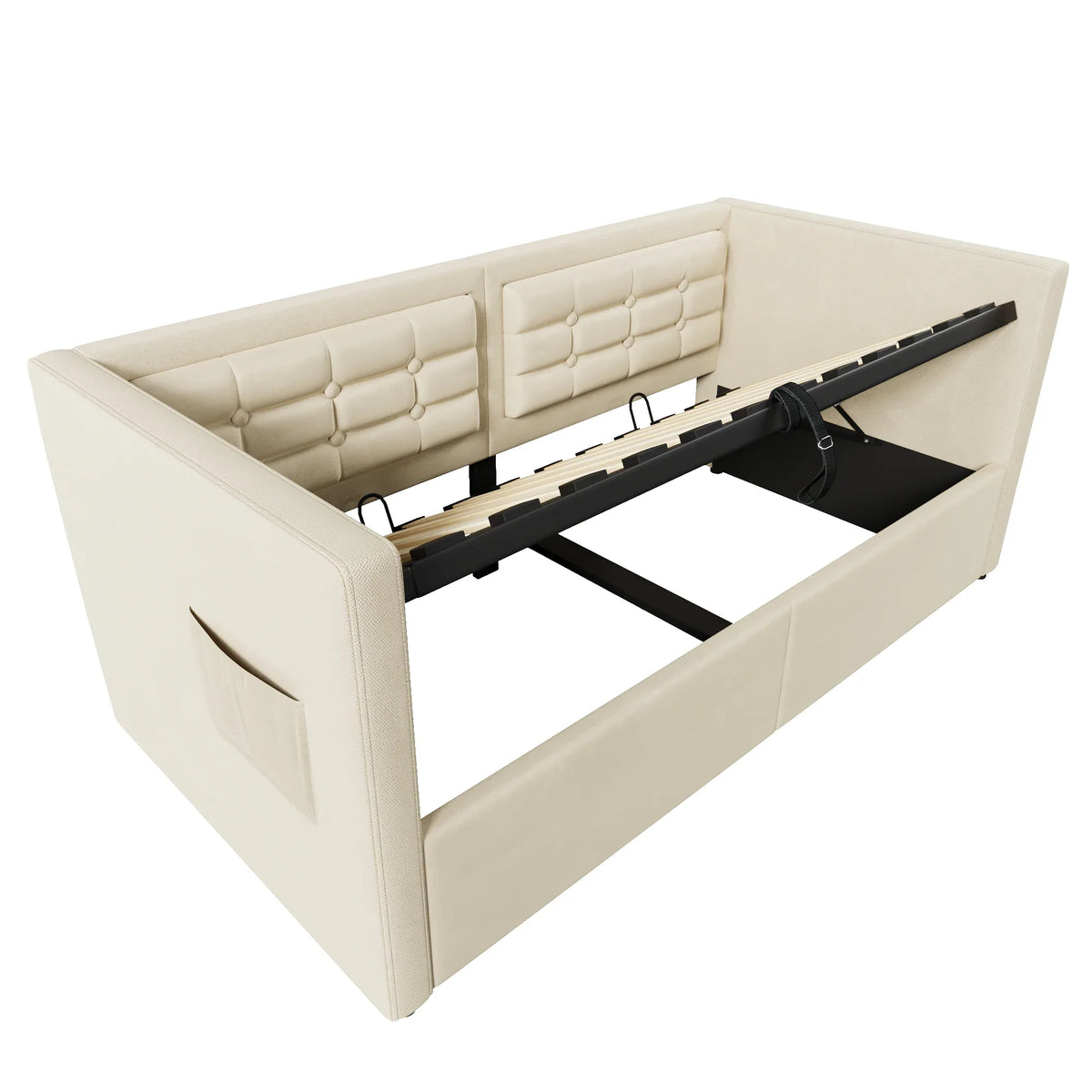 Twin Beige Velvet Upholstered Hydraulic Storage Bed Frame - Omega Lifestyles