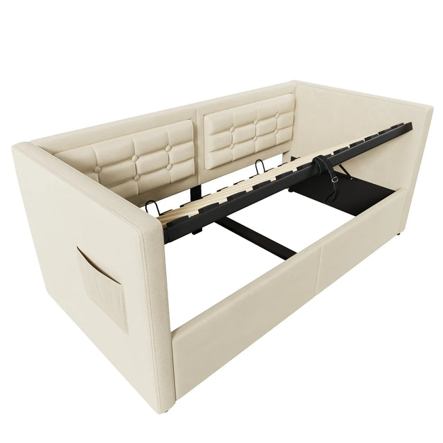 Twin Beige Velvet Upholstered Hydraulic Storage Bed Frame - Omega Lifestyles
