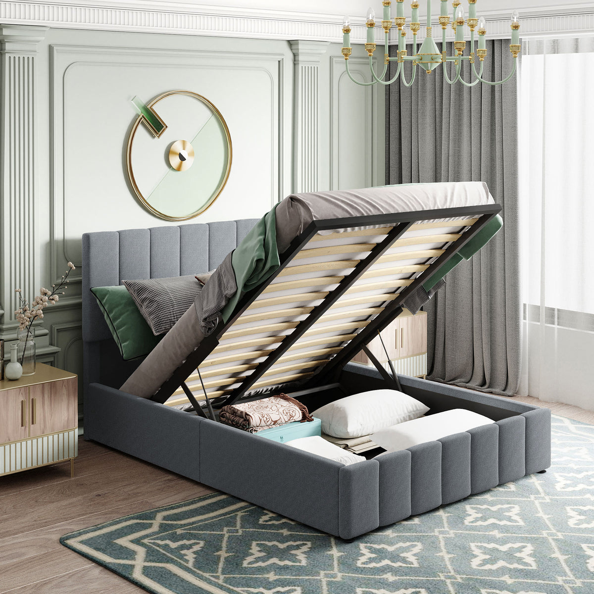 Full Upholstered Hydraulic Storage Platform Bed Full