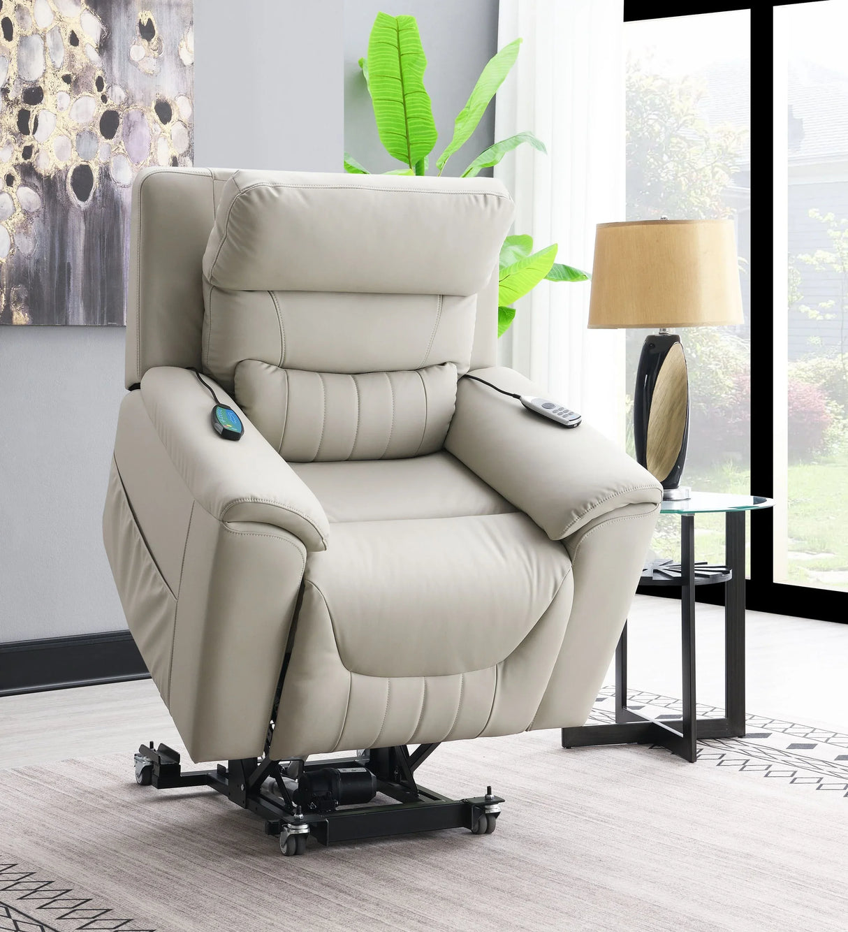 Light Gray Faux Leather Power Lift Heating Massage Chair - Omega Lifestyles