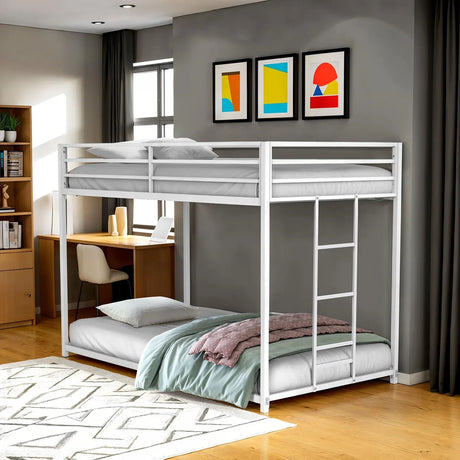 Contemporary Matte White Metal Twin Over Twin Low Bunk Bed - Omega Lifestyles