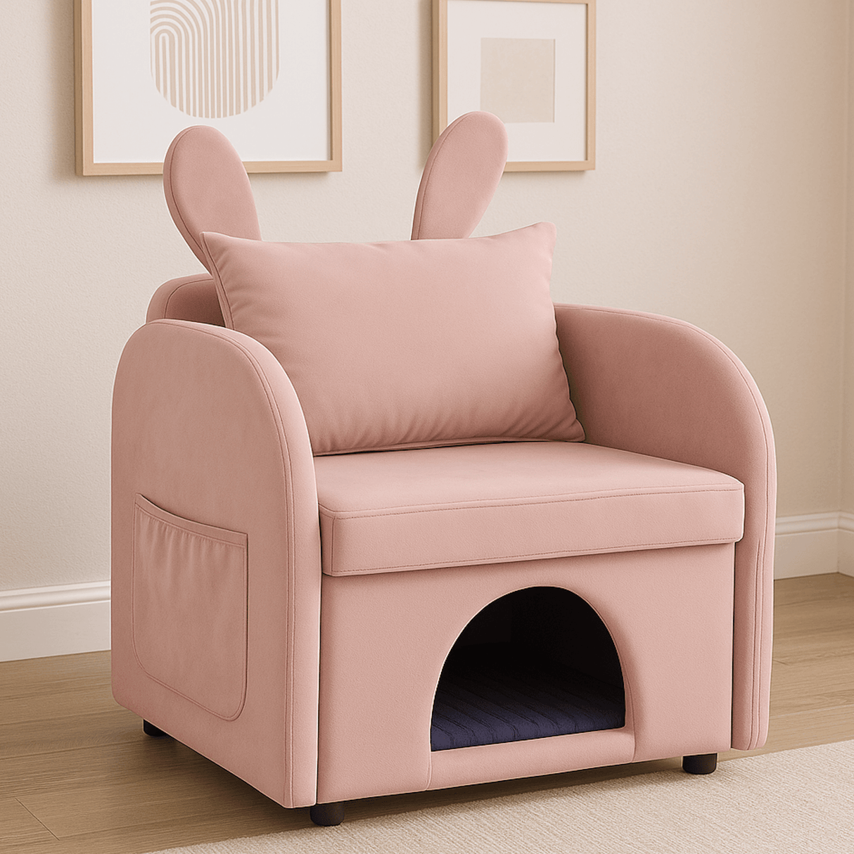 Velvet Pink Bunny Ear Pet-Friendly Armchair With Hideaway - Omega Lifestyles