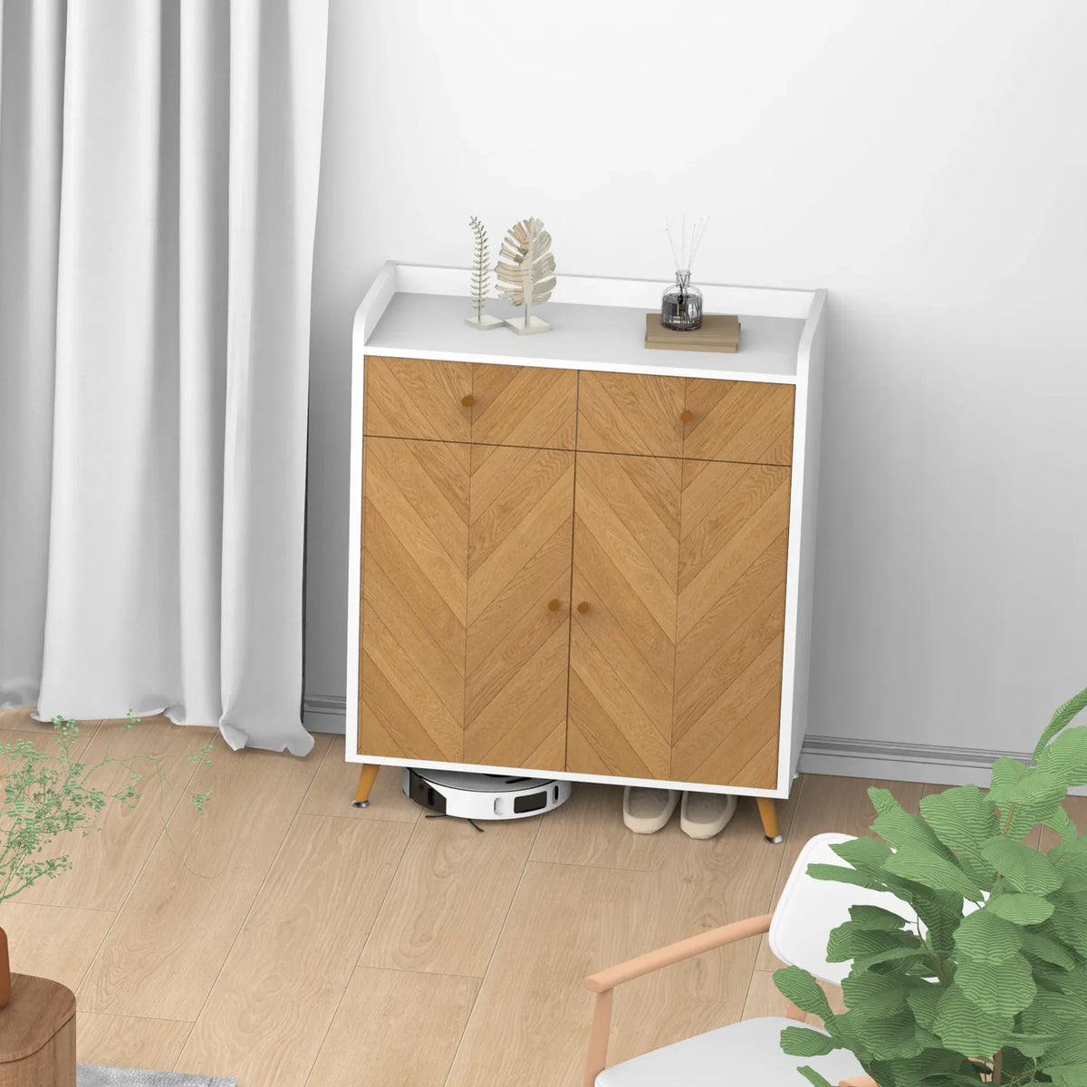 Modern White Herringbone 4-Tier Shoe Cabinet With Drawers - Omega Lifestyles