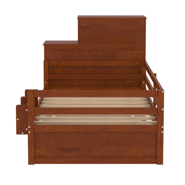 Twin Wood Platform Bed With Bookshelf Movable Wardrobe And Trundle - Omega Lifestyles