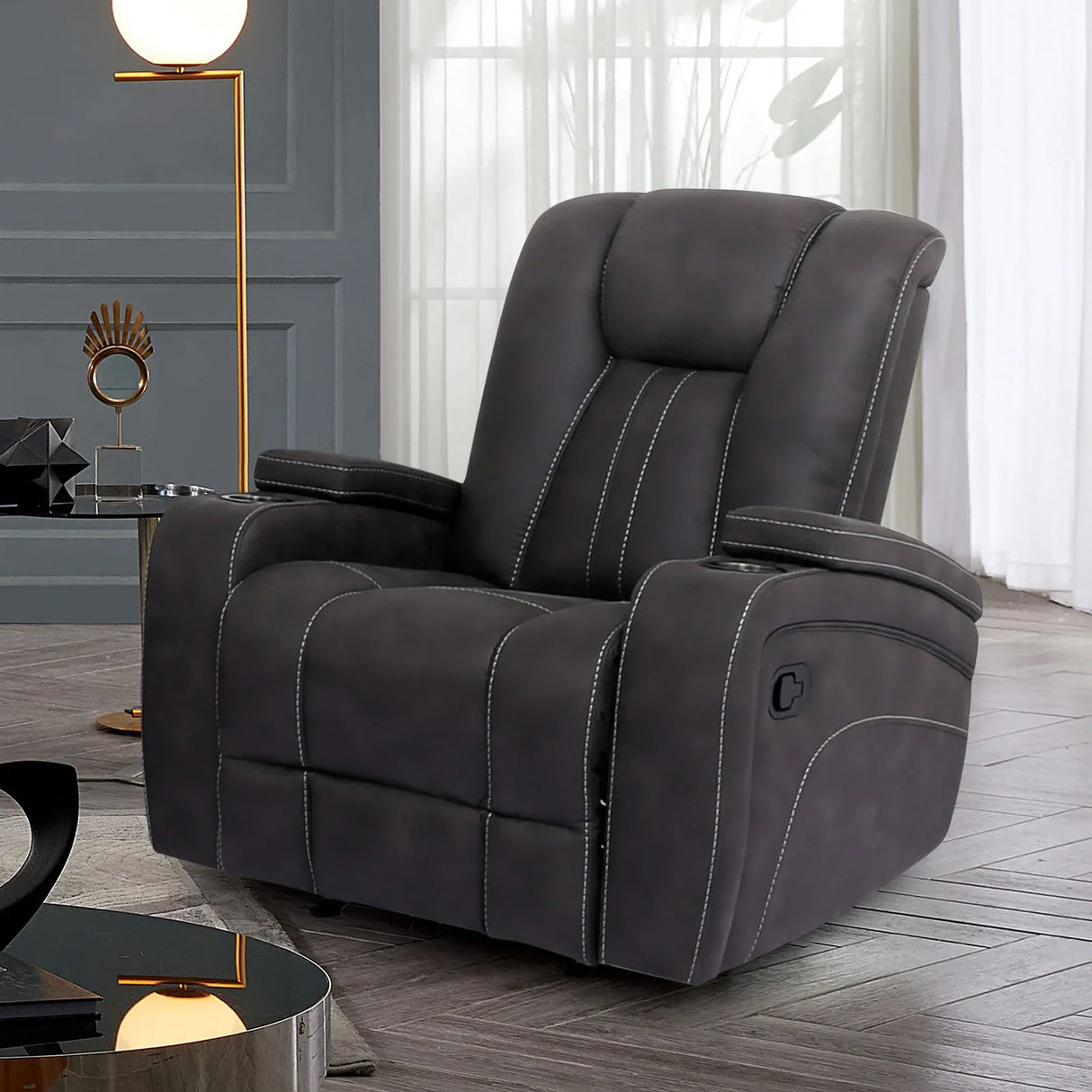Transitional Dark Gray Fabric Glider Recliner With Cup Holders - Omega Lifestyles