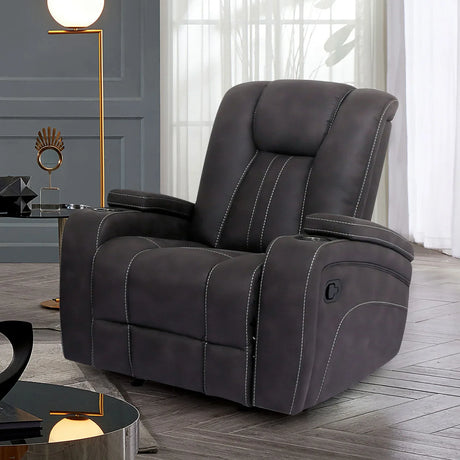 Transitional Dark Gray Fabric Glider Recliner With Cup Holders - Omega Lifestyles