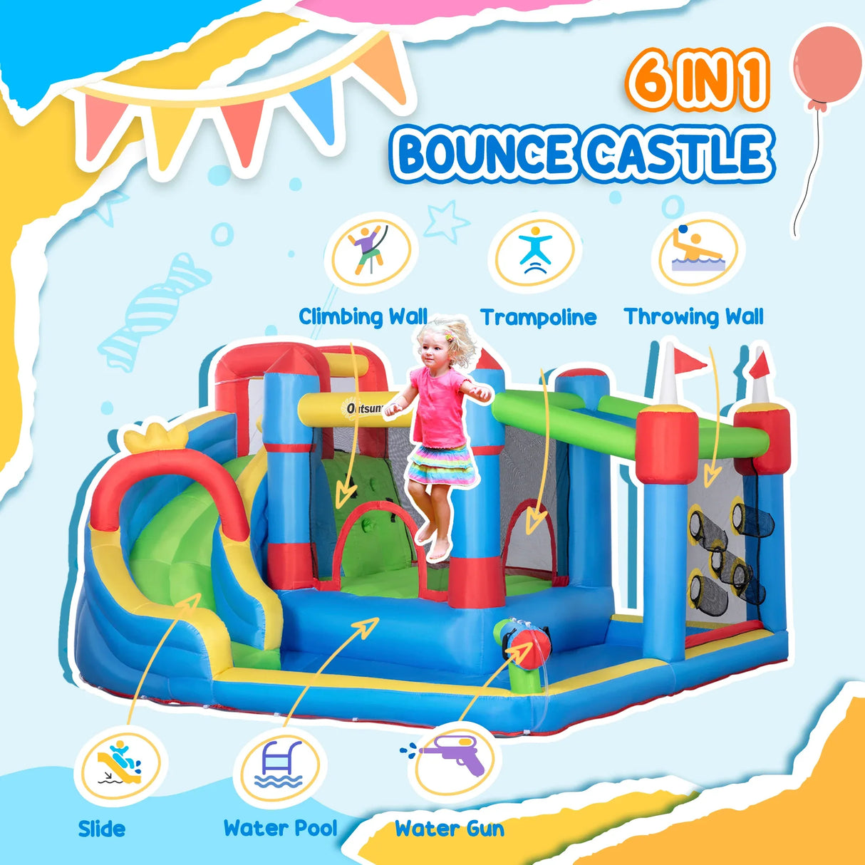 Inflatable Bounce House With Slide Climbing Wall Water Cannon - Omega Lifestyles