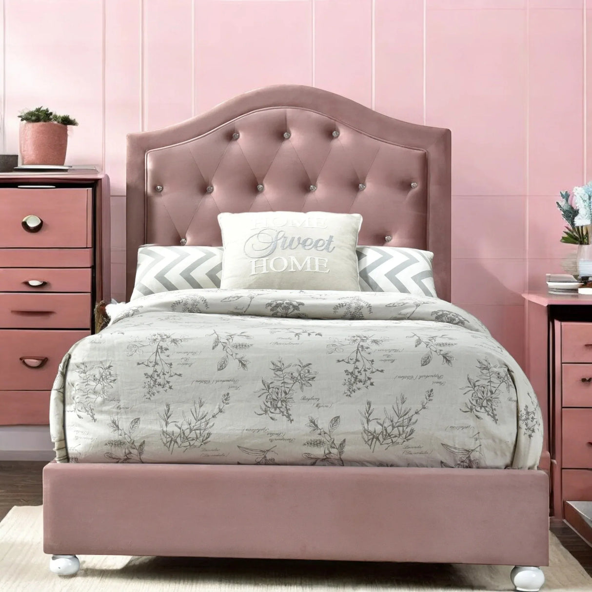 Twin Pink Fabric Upholstered Bed Frame - Omega Lifestyles