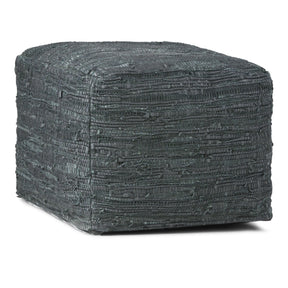 Handcrafted Grey Buffalo Leather Square Pouf Stool - Omega Lifestyles