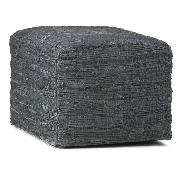 Handcrafted Grey Buffalo Leather Square Pouf Stool - Omega Lifestyles