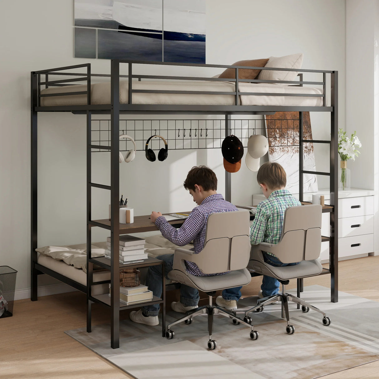Full Over Twin Metal Bunk Bed With Desk Charging Station - Omega Lifestyles