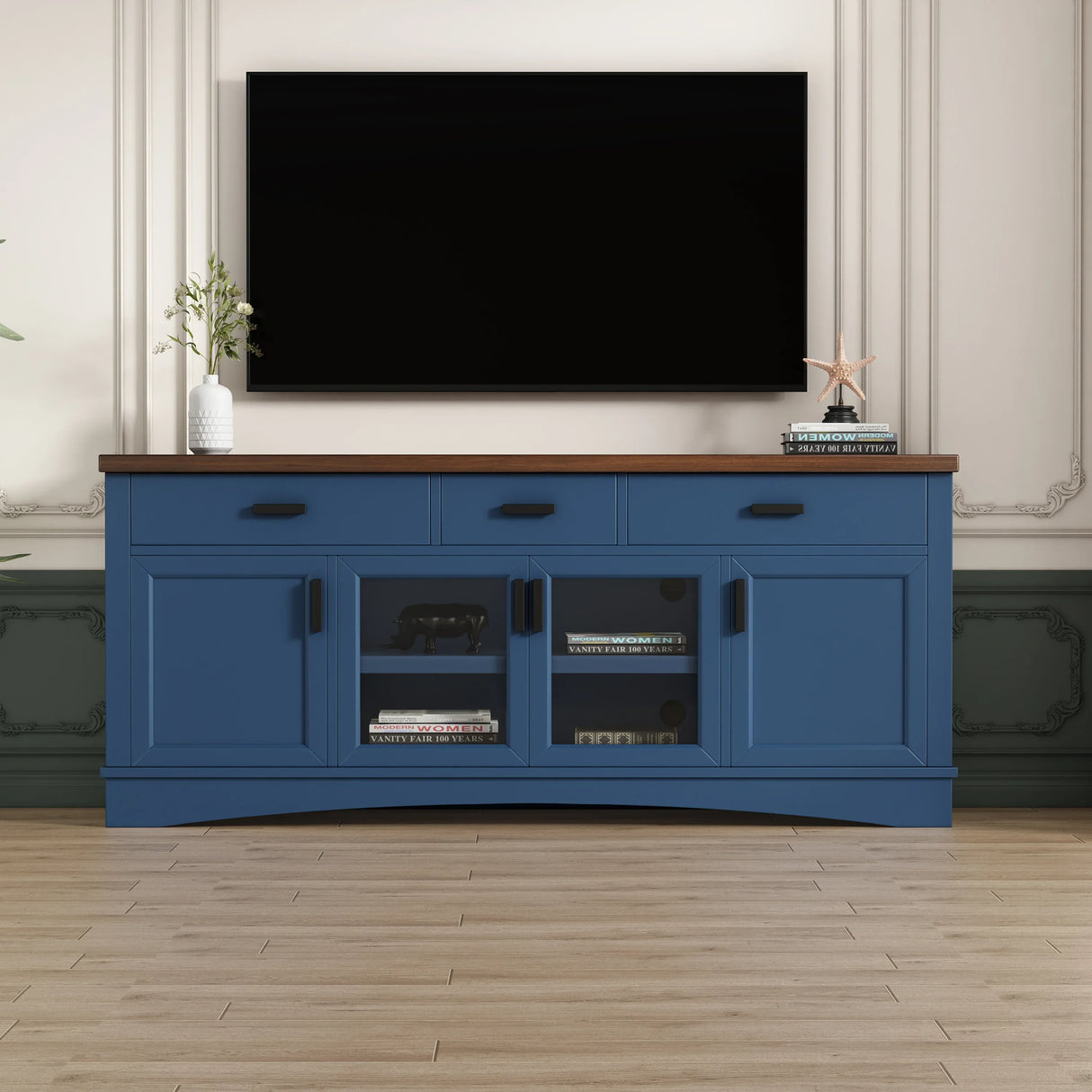 Blue 67-Inch Manufactured Wood TV Console Stand - Omega Lifestyles