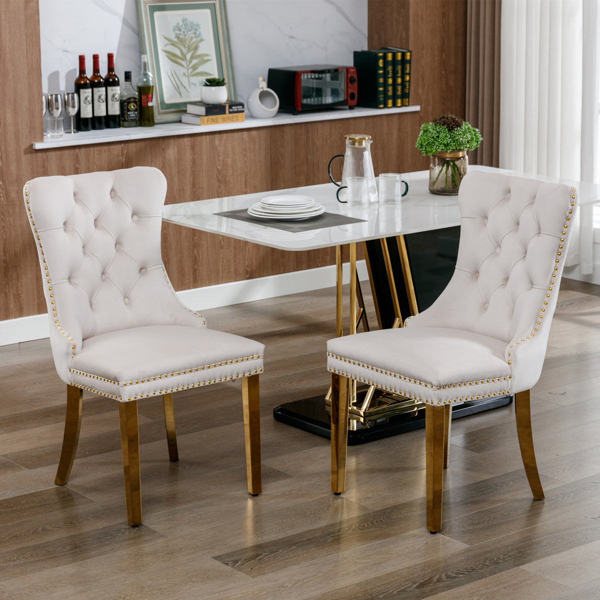 Set of 2 Modern Velvet Upholstered Dining Chairs With Nailhead Trim