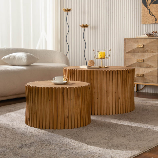 Vintage Style Natural Wood 2-Piece Round Coffee Table Set - Omega Lifestyles