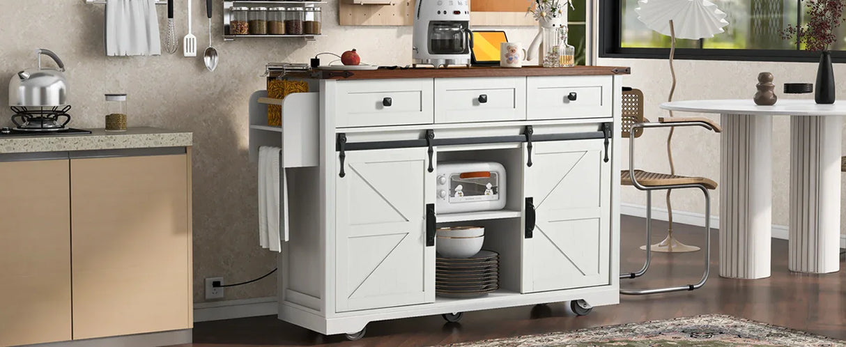 Farmhouse Kitchen Island Rolling Cart With Power Outlet - Omega Lifestyles