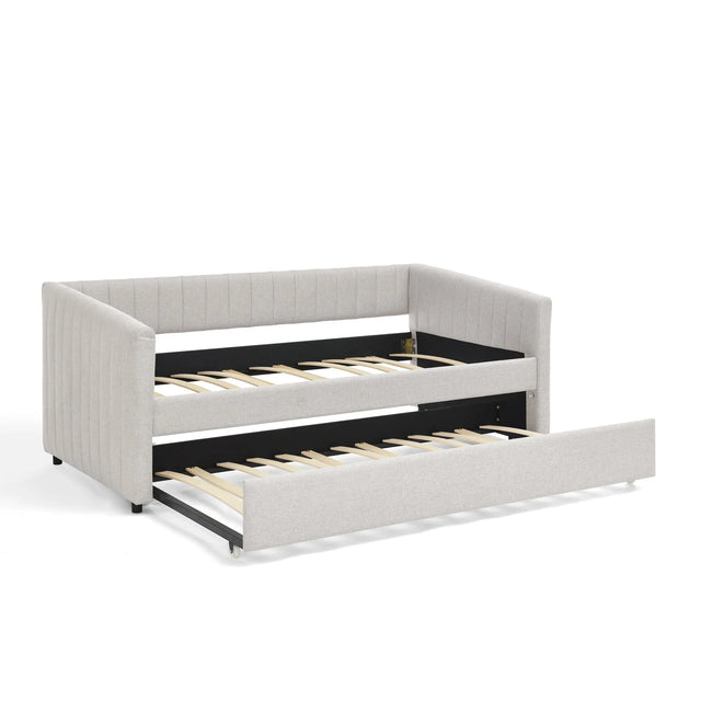 Twin Upholstered Linen Daybed With Functional Trundle - Omega Lifestyles