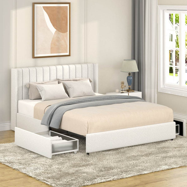 Ivory Boucle Upholstered Bed Frame With Two Drawers - Omega Lifestyles