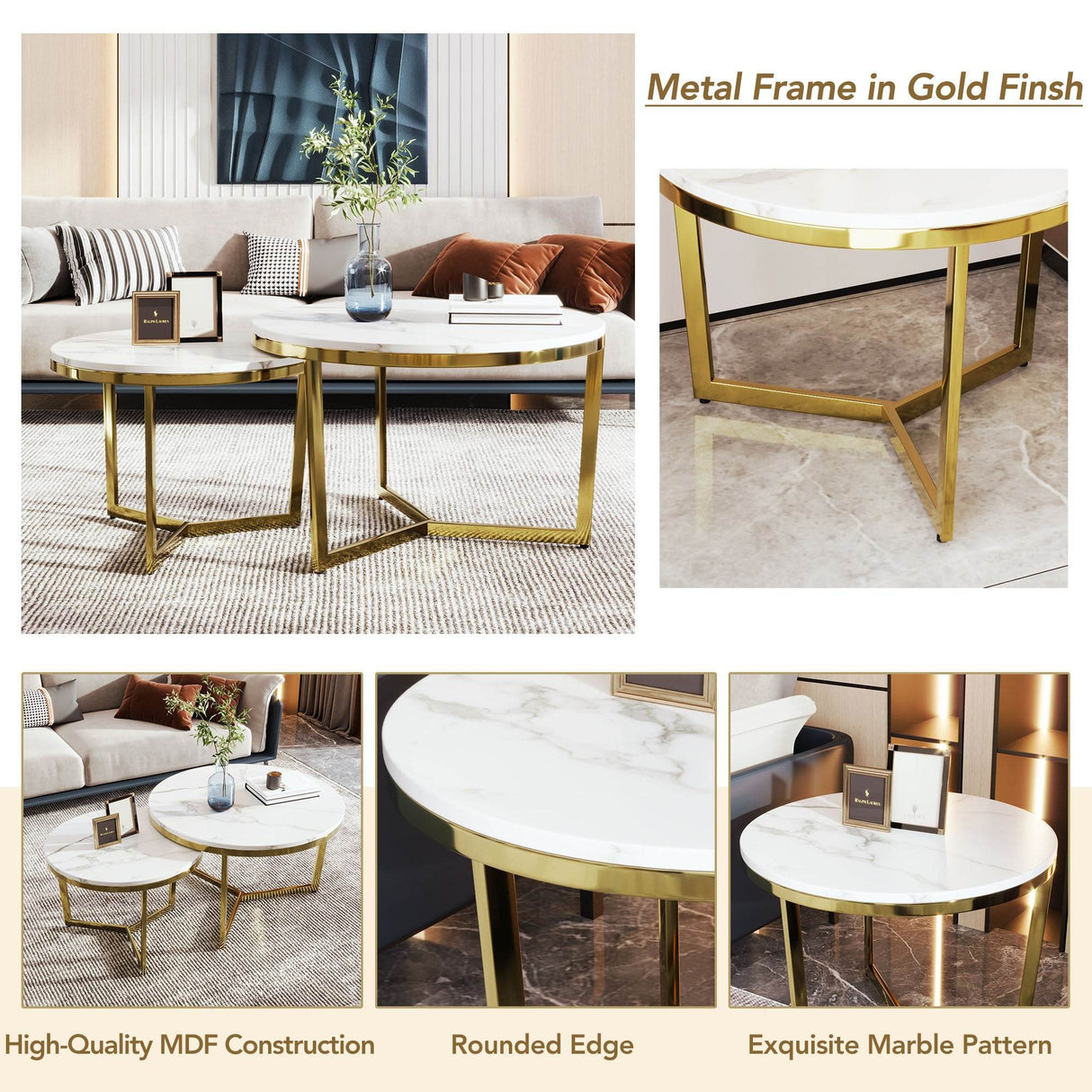 Modern Round Nesting 2-Piece White Marble Coffee Table Set - Sleep Galleria