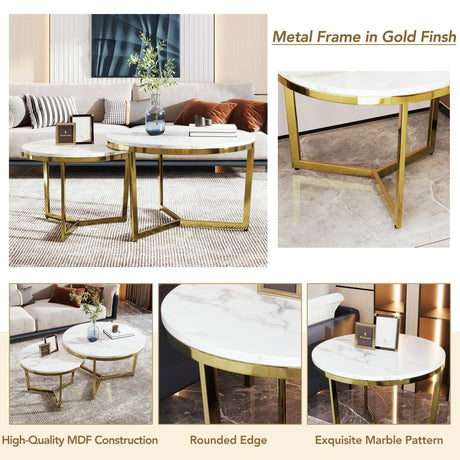 Modern Round Nesting 2-Piece White Marble Coffee Table Set - Sleep Galleria