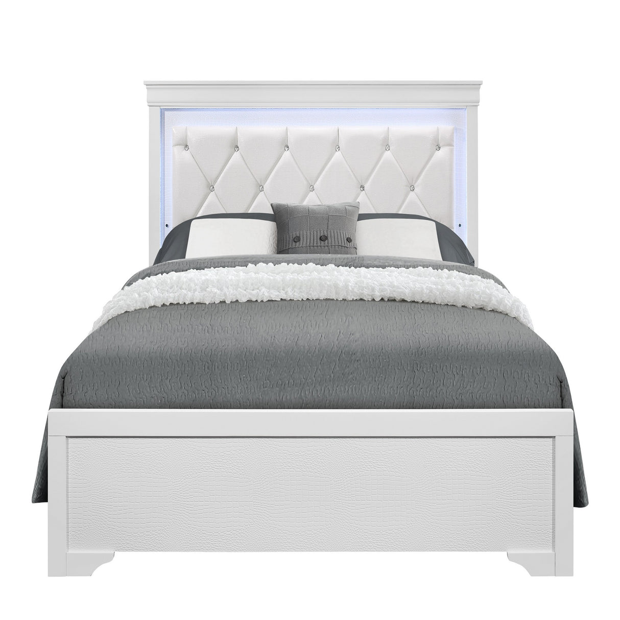 Full Panel Bed With Crystal Tufted Padded Headboard And LED Lighting