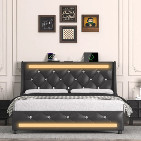 Queen Modern Upholstered Platform Bed Frame With Charging - Omega Lifestyles