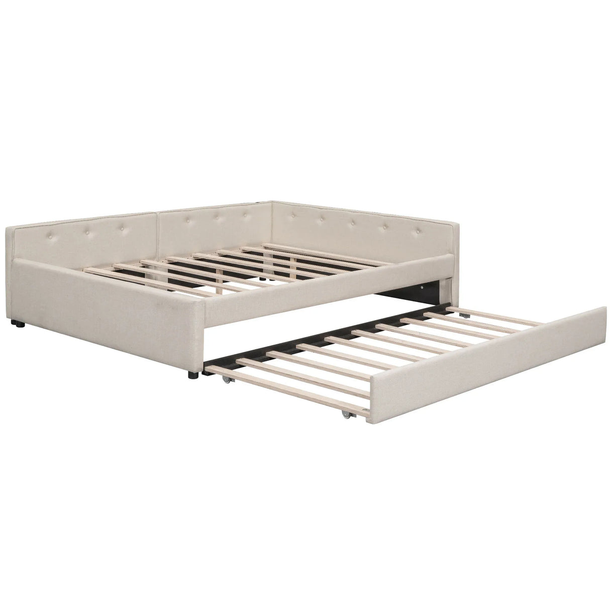 Queen Modern Upholstered Linen Platform Bed With USB Trundle - Omega Lifestyles