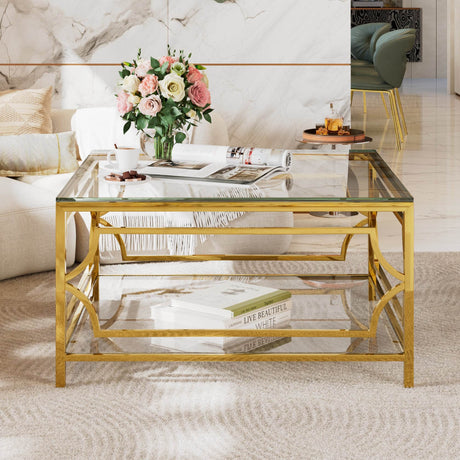 Square Tempered Glass Coffee Table With Gold Frame - Sleep Galleria