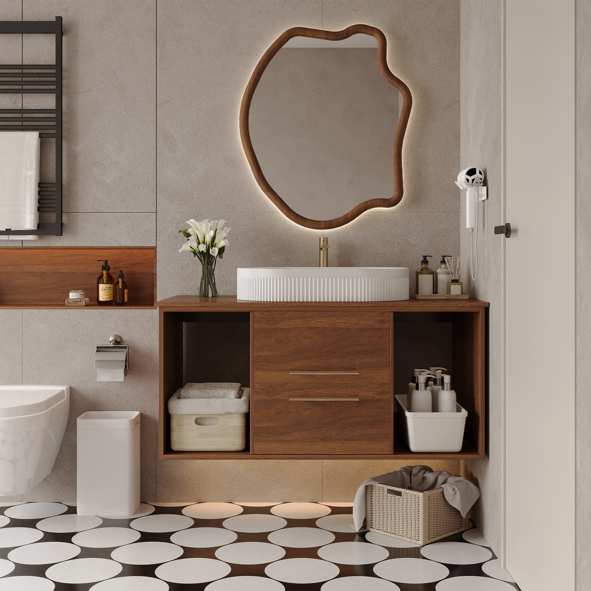 Wall-Mounted Floating Bathroom Vanity With Oval Ceramic Sink