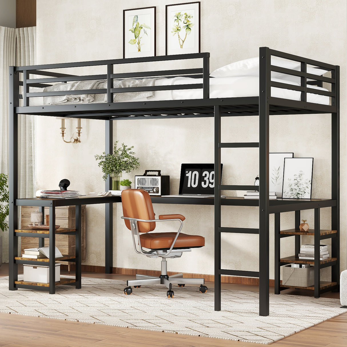Twin XL Metal Loft Bed Frame With Desk And Shelves