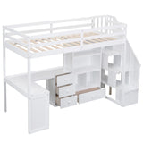 Twin Loft Bed With L-Shaped Desk Drawers Cabinet Staircase - Omega Lifestyles