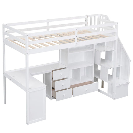 Twin Loft Bed With L-Shaped Desk Drawers Cabinet Staircase - Omega Lifestyles