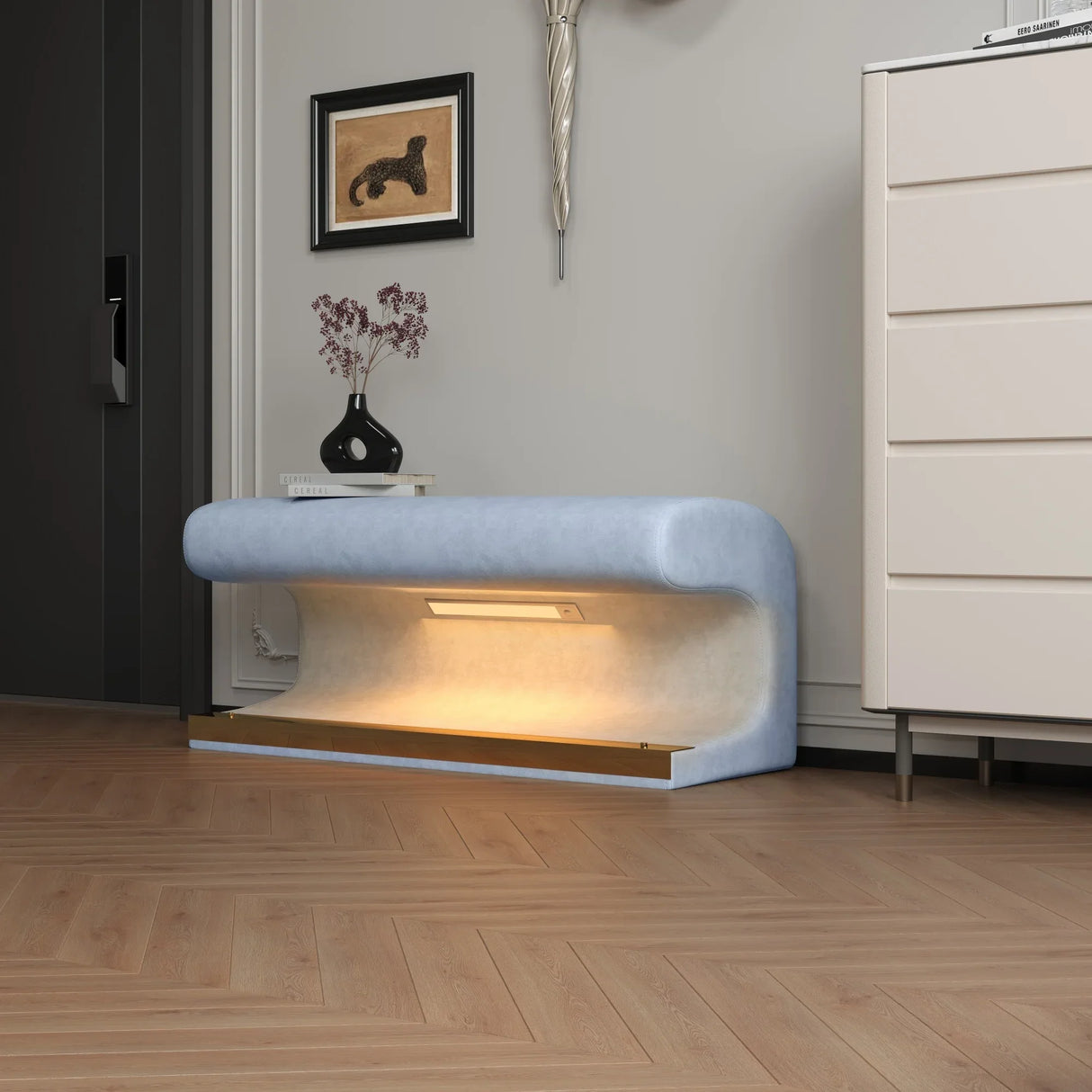 Modern Blue Leather Entryway Bench With LED Light - Omega Lifestyles