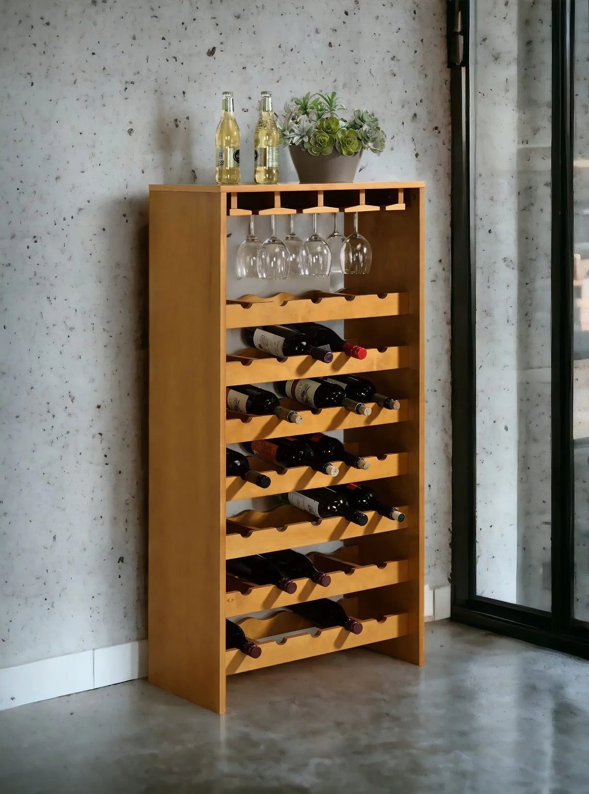 Oak Finish Particle Board Wine Rack With Stemware Holders - Omega Lifestyles