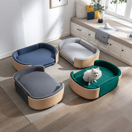 Scandinavian Solid Wood Elevated Pet Sofa Bed With Velvet Cushion - Omega Lifestyles