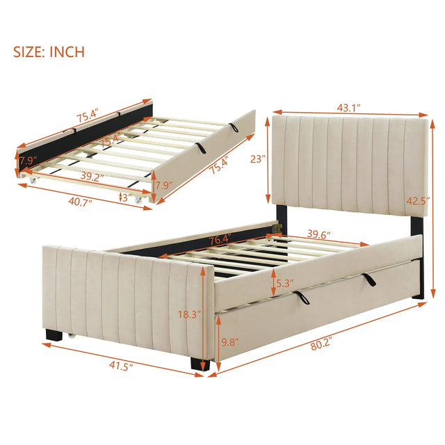Twin Velvet Upholstered Platform Bed With Trundle - Omega Lifestyles