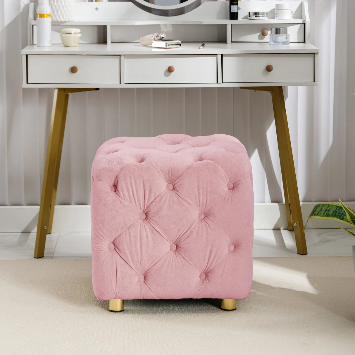 Pink Velvet Dice-Shaped Storage Ottoman With Foam Seat - Omega Lifestyles