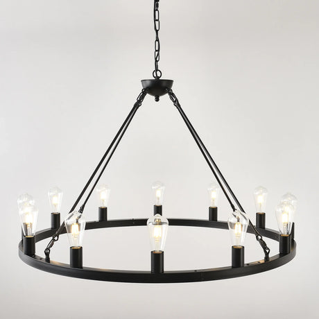 Farmhouse Matte Black Wagon Wheel 12-Light Chandelier - Omega Lifestyles