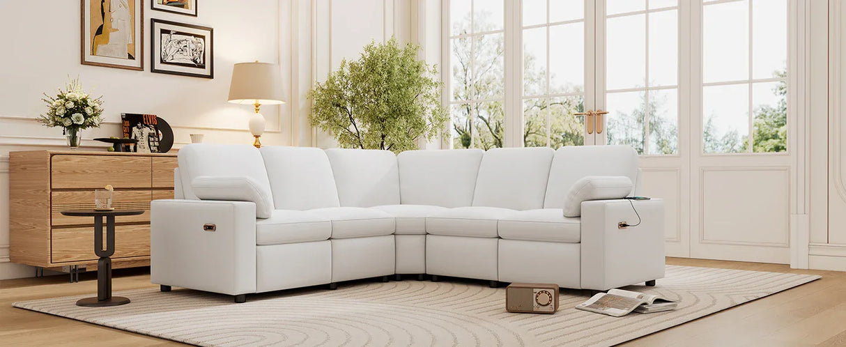 Beige Linen Fabric Power Recliner Sectional Sofa With USB Ports - Omega Lifestyles