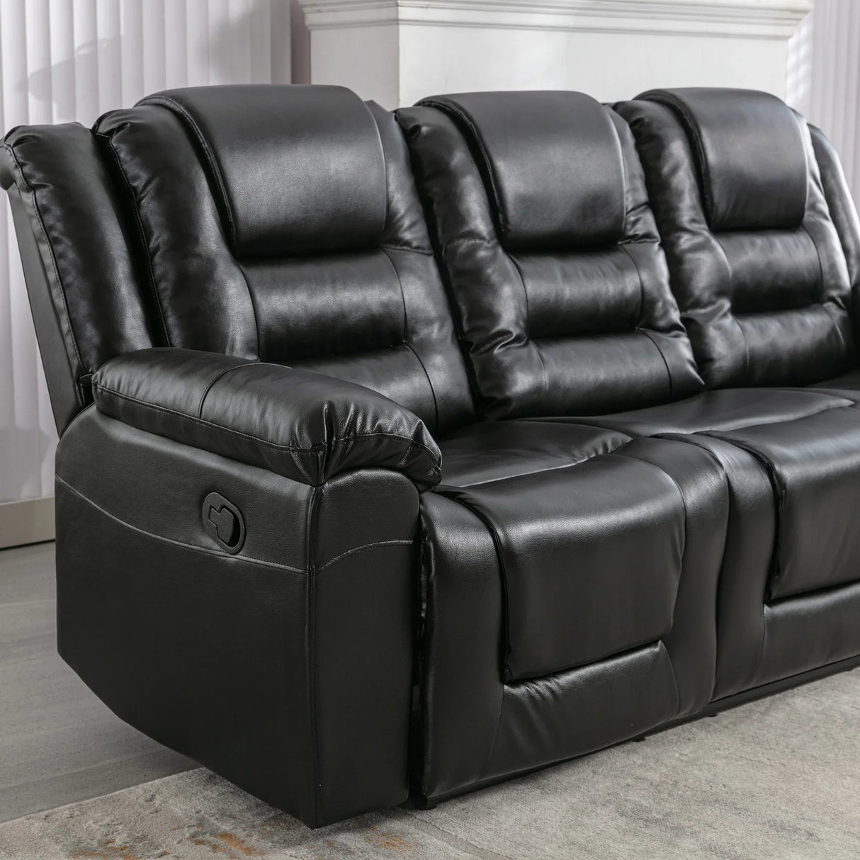 3 Seater Manual Recliner Chair With Cup Holders Black PU - Omega Lifestyles
