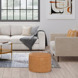Distressed Brown Vegan Faux Leather Round Pouf - Omega Lifestyles