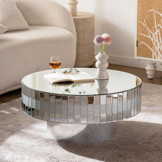 Round Mirrored Crystal Edge Silver Coffee Table - Omega Lifestyles