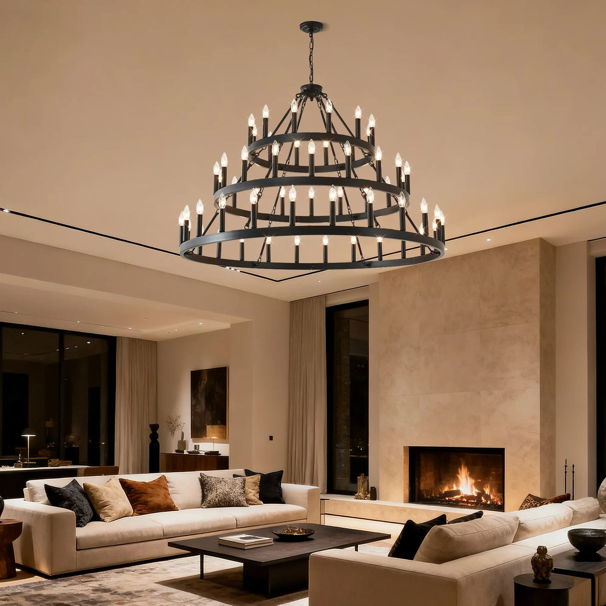 Farmhouse 54-Light Matte Black Wagon Wheel Chandelier - Omega Lifestyles