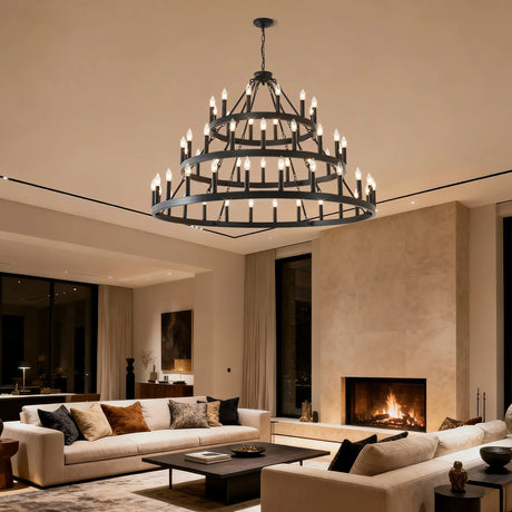 Farmhouse 54-Light Matte Black Wagon Wheel Chandelier - Omega Lifestyles