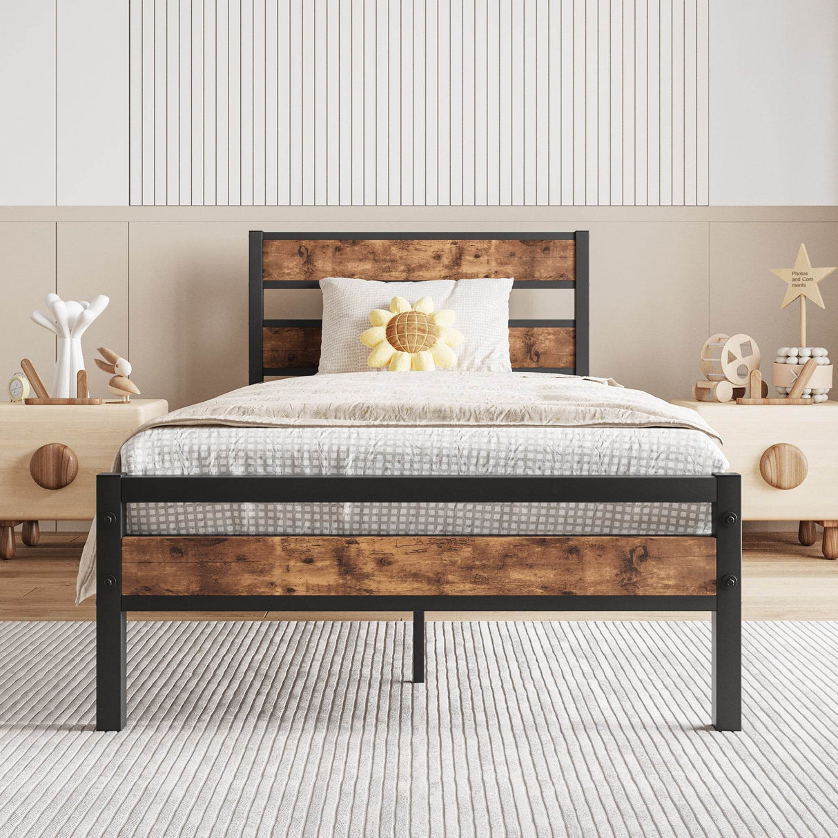 Twin Industrial Metal Wood Platform Bed Frame