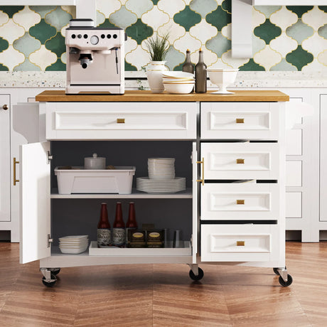 Classic Vintage Embossed White Kitchen Island On Wheels - Omega Lifestyles
