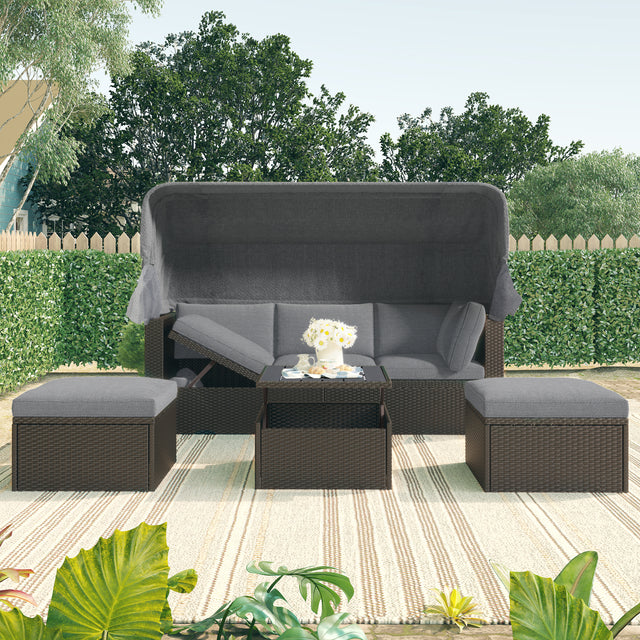 Outdoor Rattan Patio Rectangle Daybed With Canopy