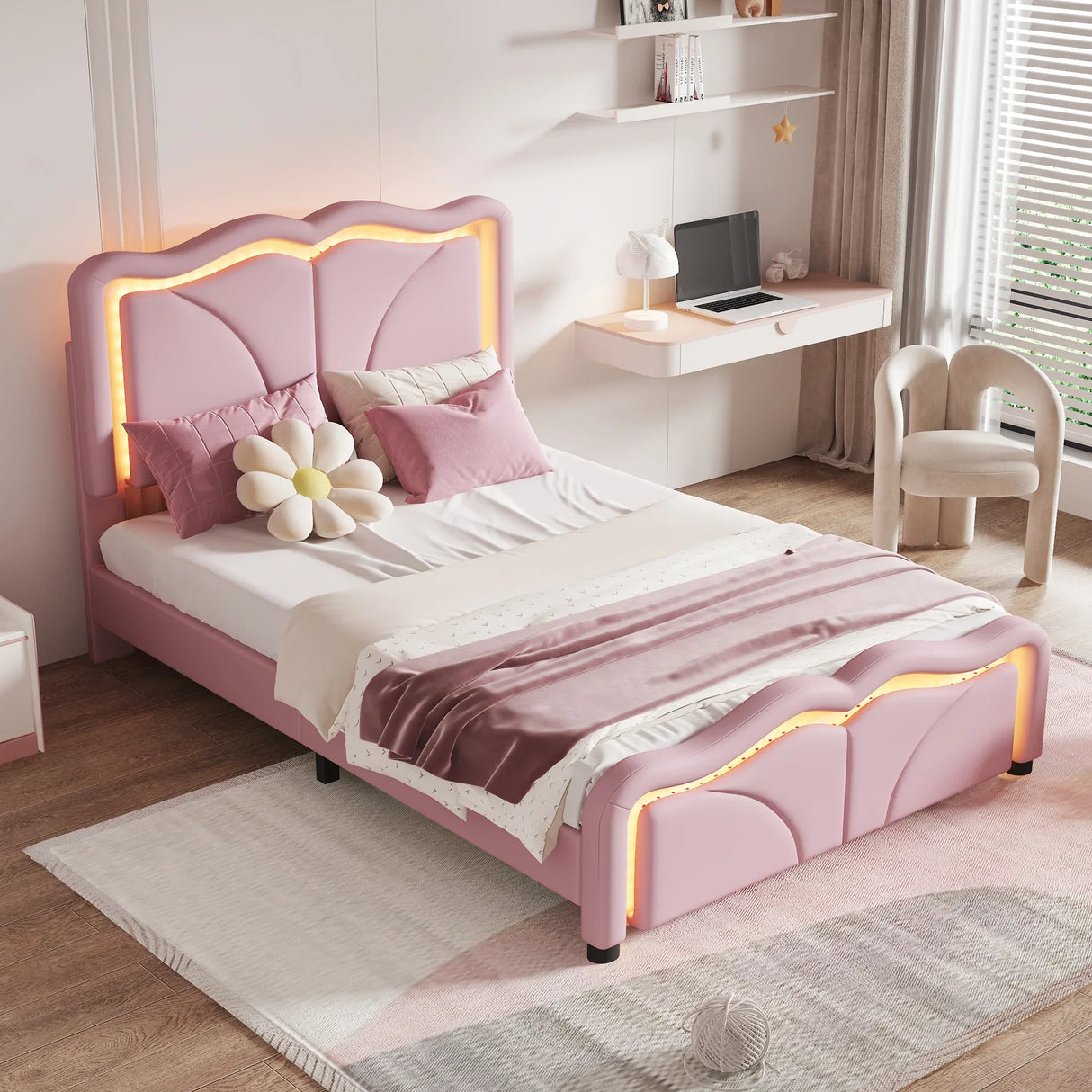 Twin Upholstered Platform Bed With Adjustable Headboard and LED Light Strips - Omega Lifestyles
