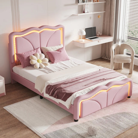 Twin Upholstered Platform Bed With Adjustable Headboard and LED Light Strips - Omega Lifestyles