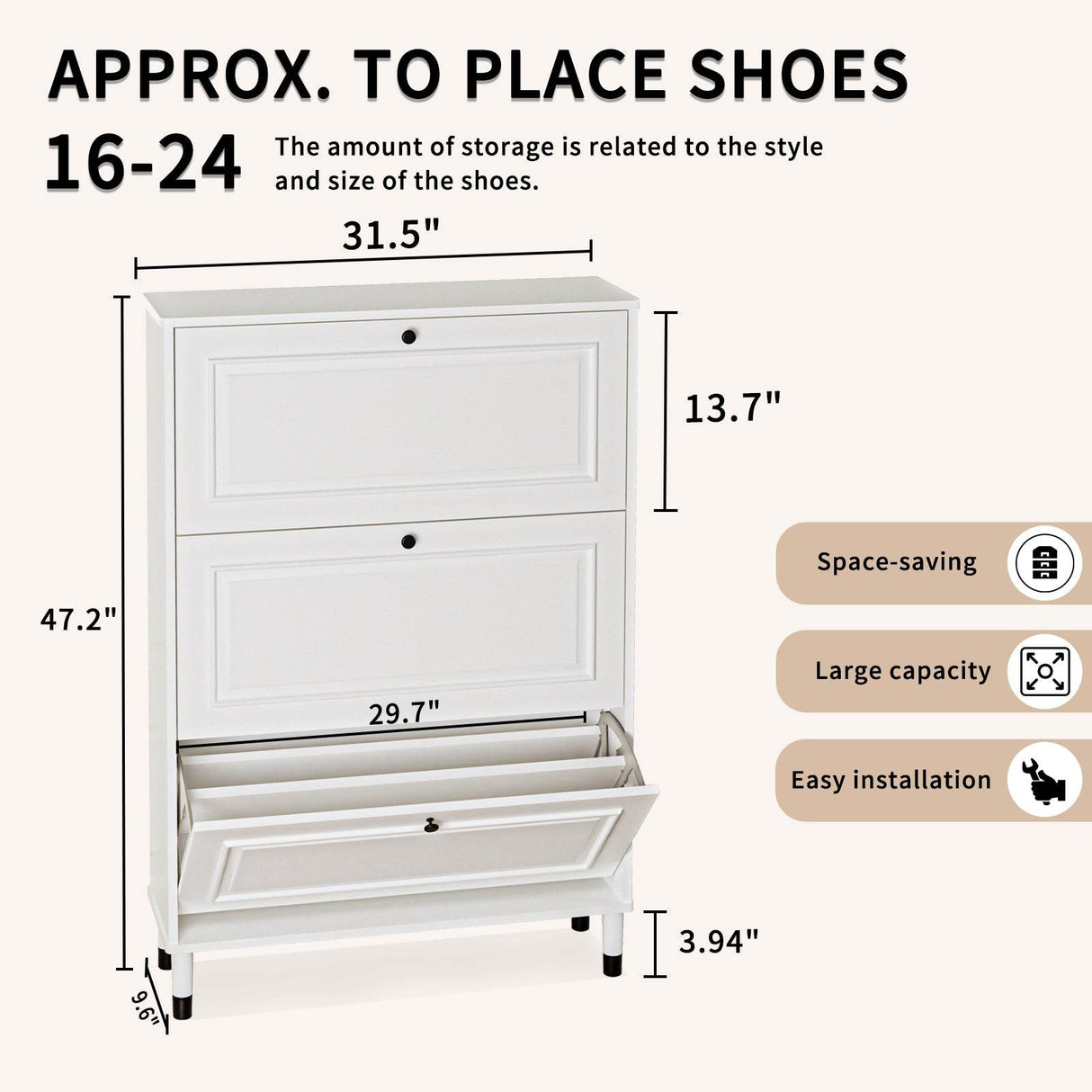 Ancient White MDF Narrow Entryway Shoe Storage Cabinet - Omega Lifestyles