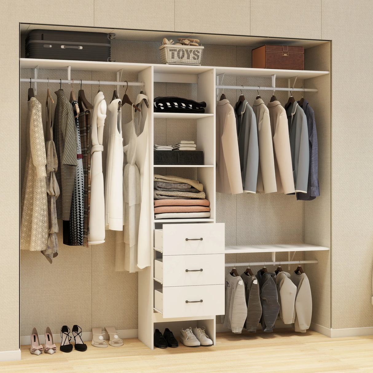 96-Inch White Adjustable Wood Metal Closet Organizer System - Omega Lifestyles